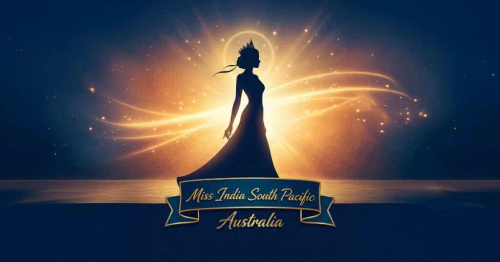 Miss India South Pacific Fiji beauty pageant – elegant crowned silhouette with golden light representing the search for Fiji’s Indian diaspora ambassador.