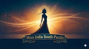 Miss India South Pacific logo with a crowned female silhouette, glowing golden light, and elegant blue background.