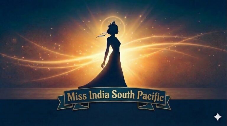 Miss India South Pacific logo with a crowned female silhouette, glowing golden light, and elegant blue background.