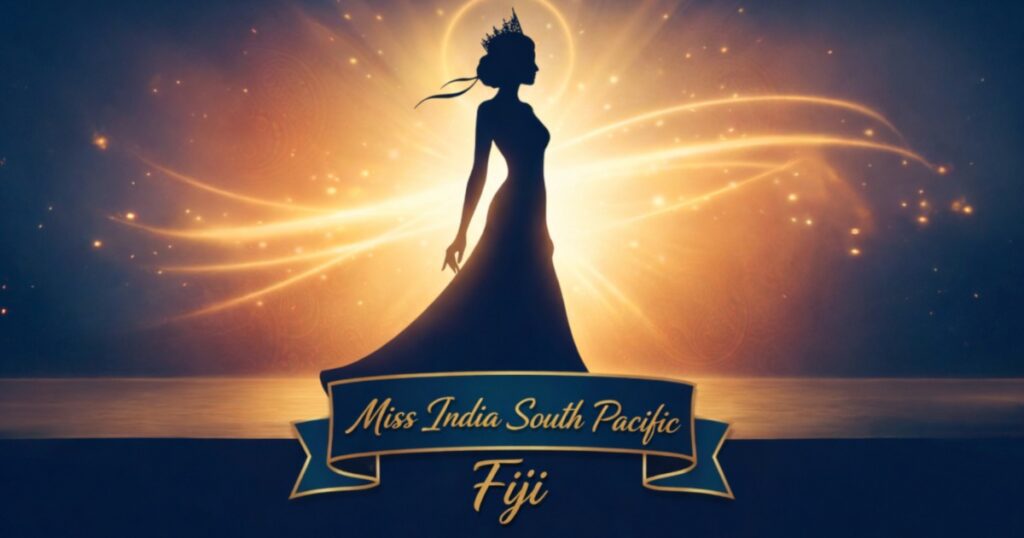 Silhouette of a crowned woman in an elegant gown standing against a glowing golden light with flowing sparkles and halo, symbolising the pageant title Miss India South Pacific Fiji displayed on a ribbon banner.